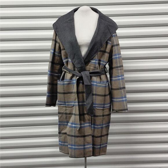 $475 NWT Elie Tahari Womens Wool Blend Wrap Coat Size Large Gray Plaid Belted - Picture 4 of 13